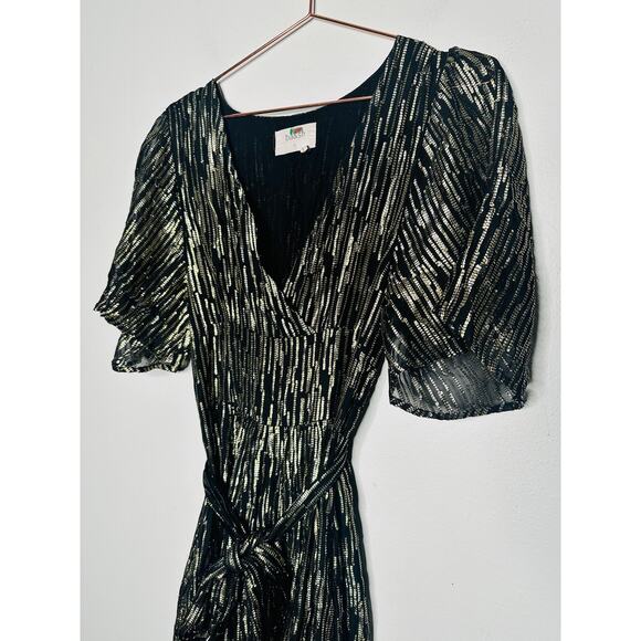 BA&SH Black Gold Metallic V-Neckline Nixon Short Sleeve Maxi Dress Size US 6 - Picture 8 of 16